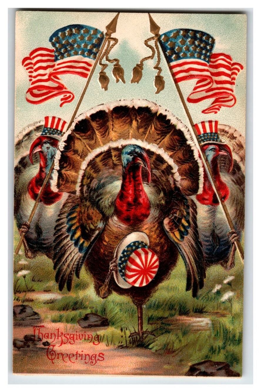 Patriotic Thanksgiving Turkeys Postcard Uncle Sam Hats American Flags 1910